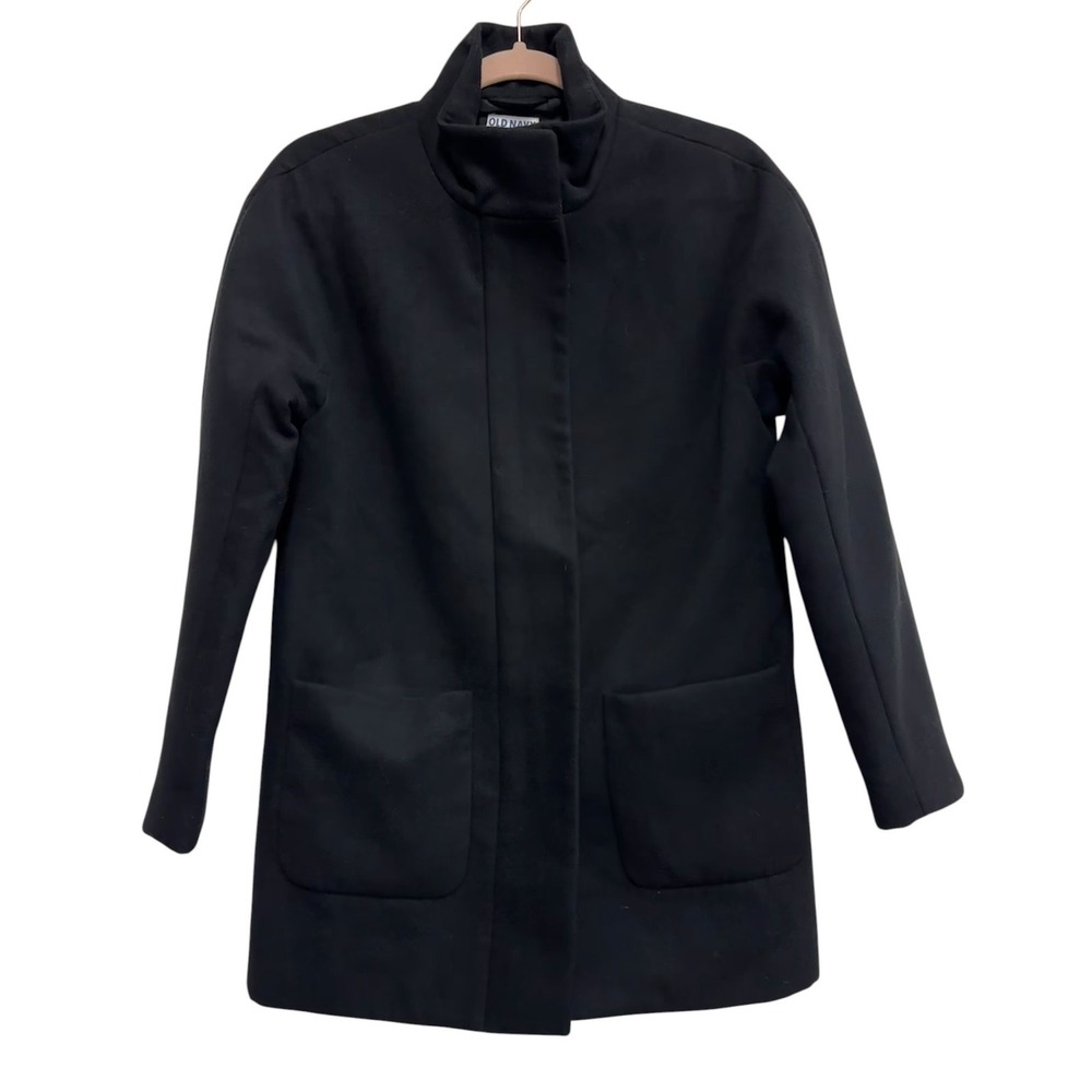 Old Navy XS Black Blanket Coat Stand Collar Hidden Zip Jacket Pockets Women